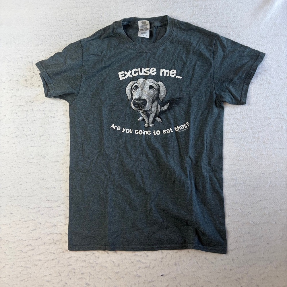 Gildan T-Shirt Mens Small Gray Dog Graphic Excuse Me Are You Going To Eat That